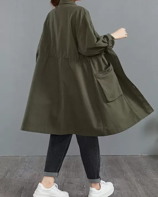 Casual Loose Solid Color Buttoned Lapel Collar Long Sleeves Trench Coat