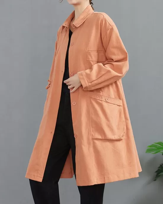 Casual Loose Solid Color Buttoned Lapel Collar Long Sleeves Trench Coat