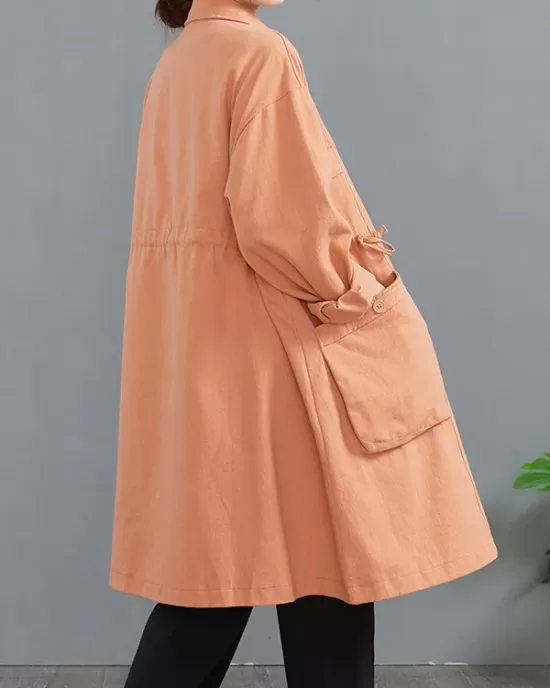 Casual Loose Solid Color Buttoned Lapel Collar Long Sleeves Trench Coat