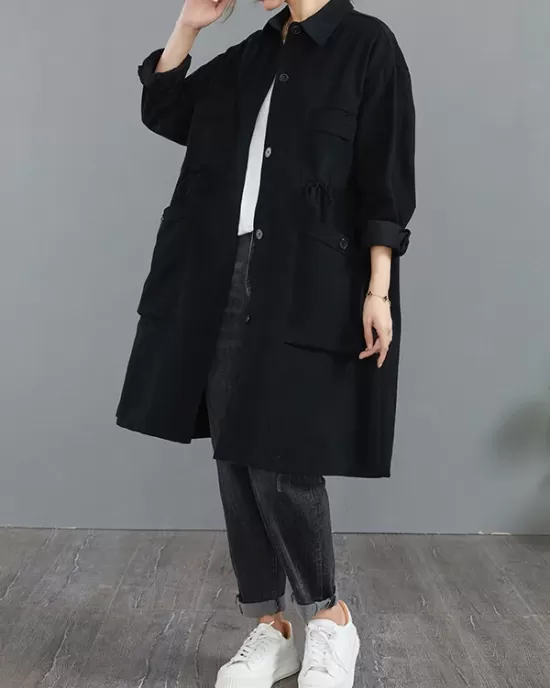 Casual Loose Solid Color Buttoned Lapel Collar Long Sleeves Trench Coat