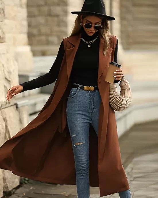 Casual Sleeveless Loose Solid Color Lapel Collar Coat