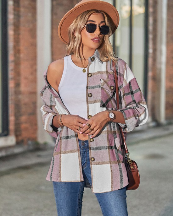 Casual Loose Buckle Plaid Polo Shirt Top