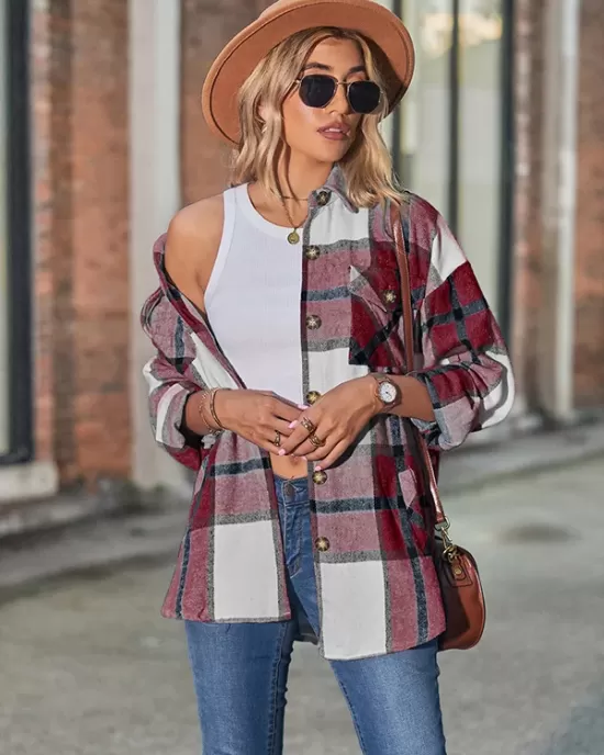 Casual Loose Buckle Plaid Polo Shirt Top