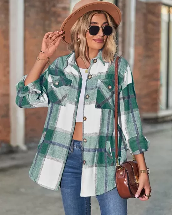 Casual Loose Buckle Plaid Polo Shirt Top