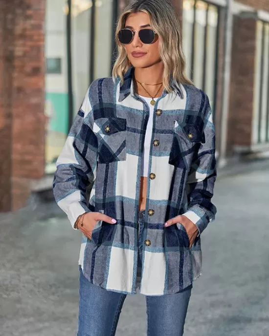 Casual Loose Buckle Plaid Polo Shirt Top