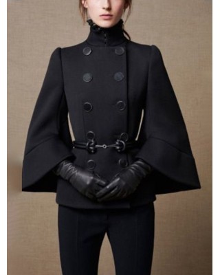 Flared Buttoned Solid Color High Neck Jackets&Coats Outerwear Woolen Coat
