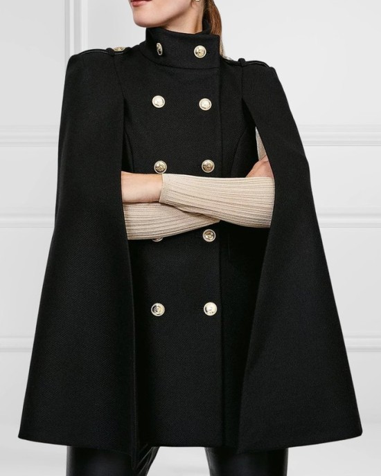 Loose Buttoned Solid Color Stand Collar Woolen Coat Cape Coats