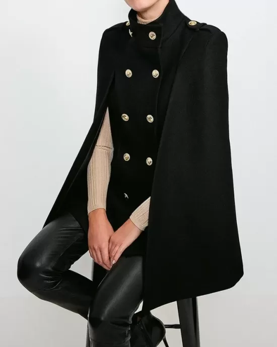 Loose Buttoned Solid Color Stand Collar Woolen Coat Cape Coats