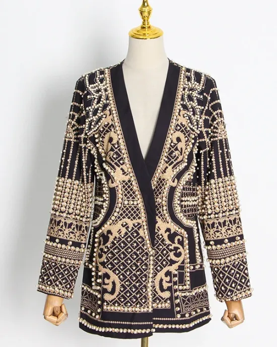 Original Creation Loose Long Sleeves Beads Printed V-Neck Blazer Outerwear