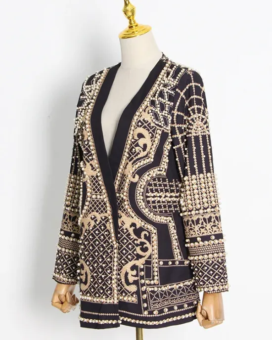 Original Creation Loose Long Sleeves Beads Printed V-Neck Blazer Outerwear