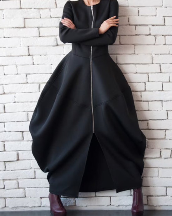 Split-Joint Zipper Round-Neck Maxi Dress Coat Bubble Dress