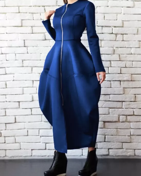 Split-Joint Zipper Round-Neck Maxi Dress Coat Bubble Dress