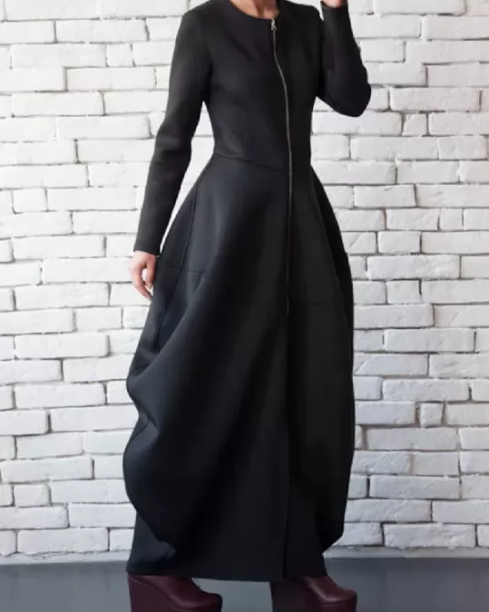 Split-Joint Zipper Round-Neck Maxi Dress Coat Bubble Dress