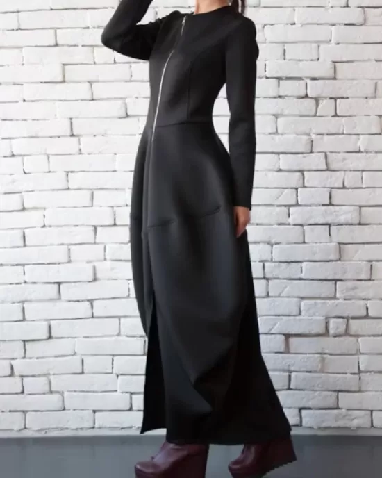 Split-Joint Zipper Round-Neck Maxi Dress Coat Bubble Dress