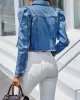 Fringed Pleated Split-Joint Long Sleeves Puff Sleeves Lapel Denim Jackets