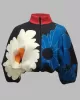 Contrast Color Flower Print Zipper Stand Collar Jackets Outerwear