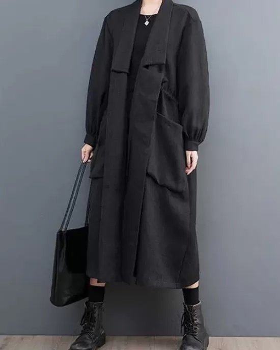 Drawstring Pockets Long Sleeves Loose Lapel Trench Coats