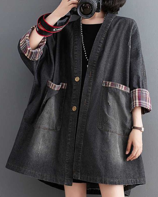 Buttoned Plaid Pockets Split-Joint Long Sleeves Loose V-Neck Denim Outerwear