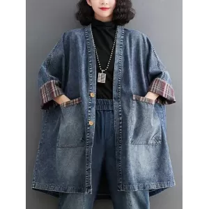 Buttoned Plaid Pockets Split-Joint Long Sleeves Loose V-Neck Denim Outerwear