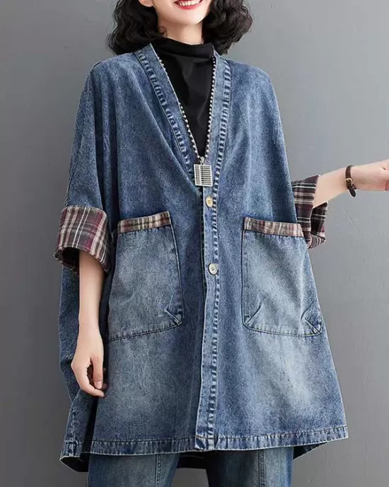 Buttoned Plaid Pockets Split-Joint Long Sleeves Loose V-Neck Denim Outerwear