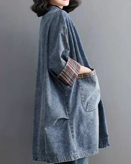 Buttoned Plaid Pockets Split-Joint Long Sleeves Loose V-Neck Denim Outerwear