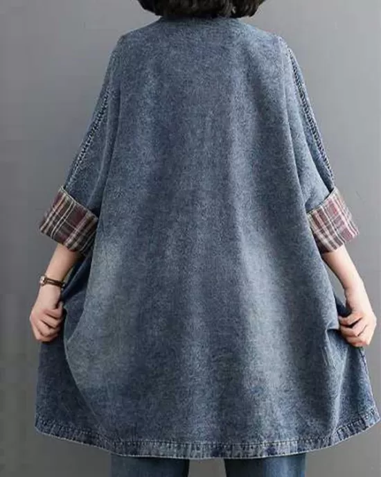 Buttoned Plaid Pockets Split-Joint Long Sleeves Loose V-Neck Denim Outerwear