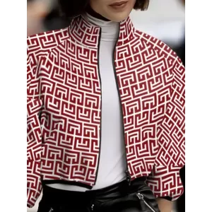 Loose Puff Sleeves Printed Stand Collar Outerwear