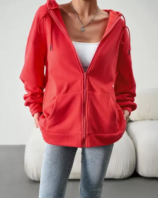 Drawstring Zipper Long Sleeves Loose Hooded Outerwear Jackets