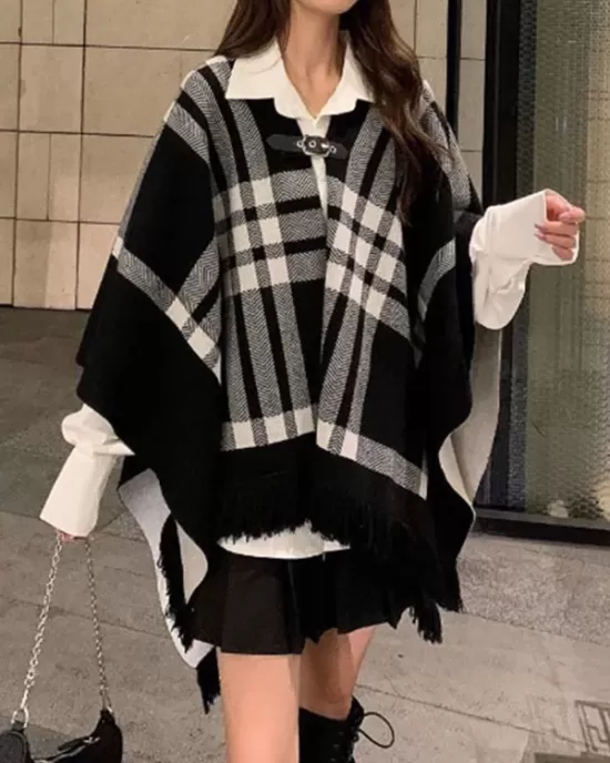 Contrast Color Plaid Split-Joint Long Sleeves Loose V-Neck Cape