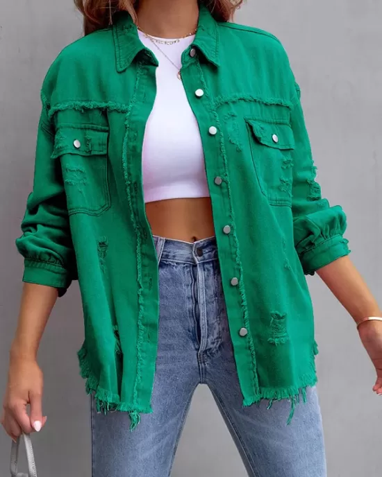 Fringed Pockets Long Sleeves Loose Lapel Outerwear