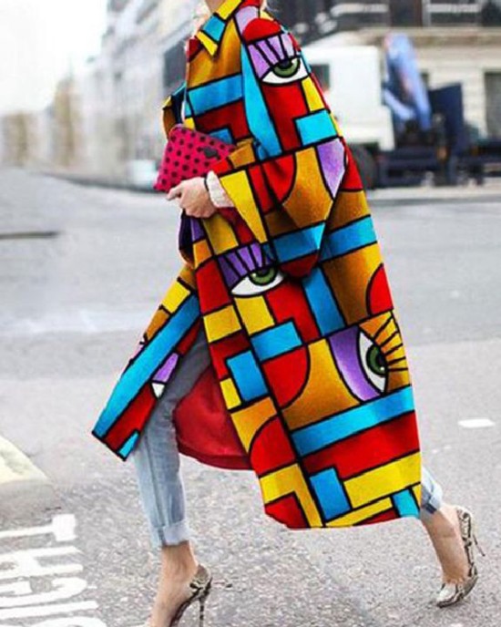 Long Sleeves Figure Printed Lapel Woolen Coat