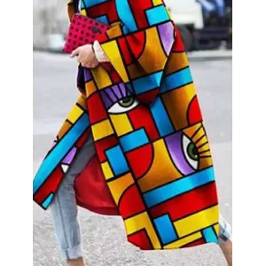 Long Sleeves Figure Printed Lapel Woolen Coat