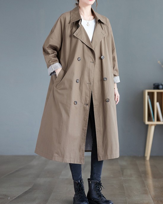 Buttoned Pockets Long Sleeves Loose Notched Collar Trench Coats