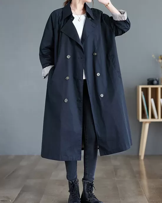 Buttoned Pockets Long Sleeves Loose Notched Collar Trench Coats