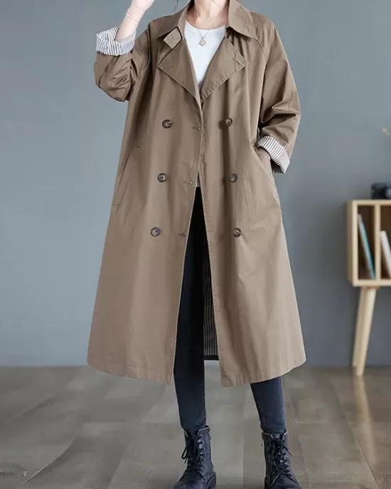 Buttoned Pockets Long Sleeves Loose Notched Collar Trench Coats