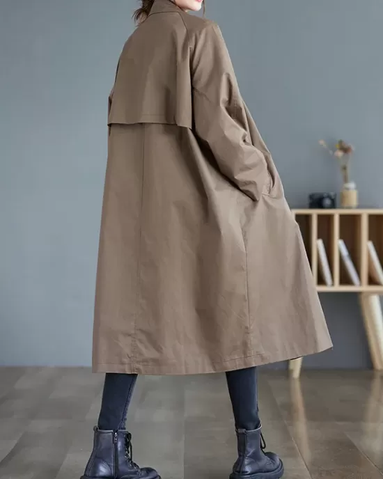 Buttoned Pockets Long Sleeves Loose Notched Collar Trench Coats