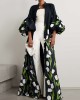 Long Sleeves Loose Floral Floral Printed Pleated Split-Joint Stand Collar Trench Coats