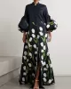 Long Sleeves Loose Floral Floral Printed Pleated Split-Joint Stand Collar Trench Coats