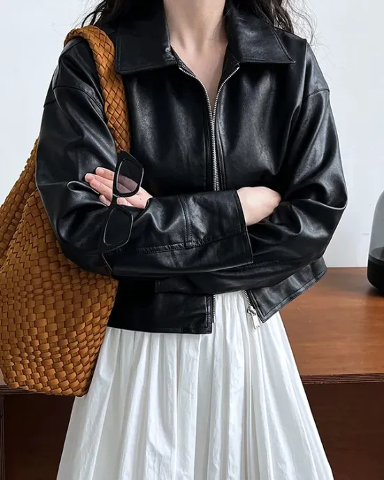 Solid Color Zipper Long Sleeves Loose Lapel Collar Outerwear Jackets&Coats