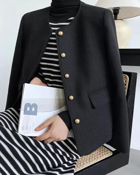 Buttoned Solid Color Long Sleeves Loose Round-Neck Outerwear