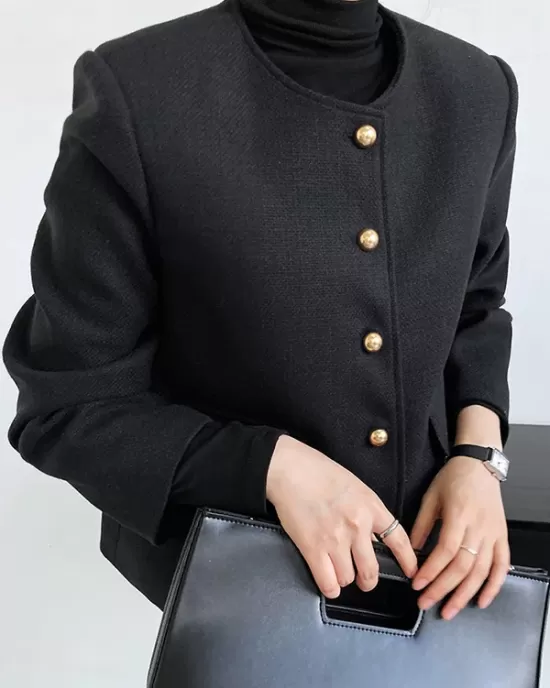 Buttoned Solid Color Long Sleeves Loose Round-Neck Outerwear