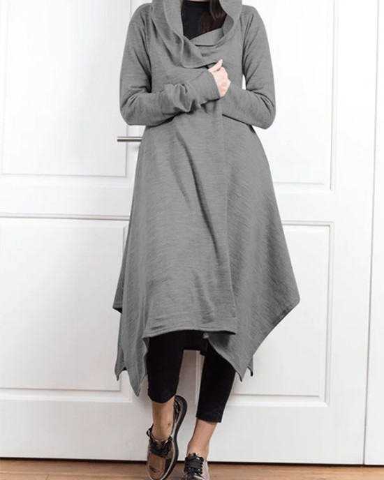 Irregular Clipping Long Sleeves Solid Color Hooded Outerwear