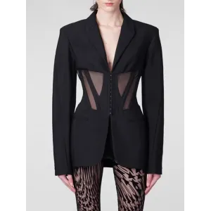 Buckle Gauze See-Through Solid Color Split-Joint Long Sleeves Notched Collar Blazer