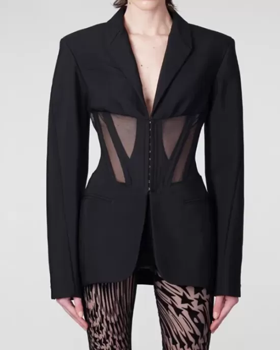 Buckle Gauze See-Through Solid Color Split-Joint Long Sleeves Notched Collar Blazer