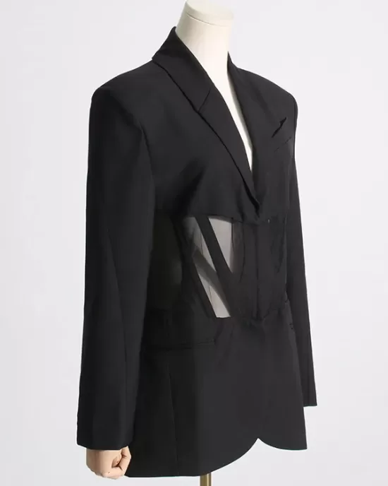 Buckle Gauze See-Through Solid Color Split-Joint Long Sleeves Notched Collar Blazer