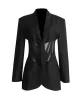 Buckle Gauze See-Through Solid Color Split-Joint Long Sleeves Notched Collar Blazer