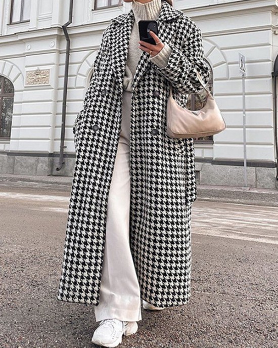 Houndstooth Split-back Split-Joint Tied Waist Long Sleeves Loose Lapel Trench Coats