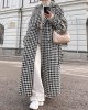 Houndstooth Split-back Split-Joint Tied Waist Long Sleeves Loose Lapel Trench Coats