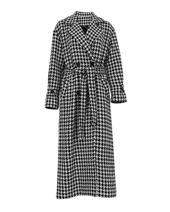 Houndstooth Split-back Split-Joint Tied Waist Long Sleeves Loose Lapel Trench Coats