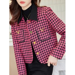 Buttoned Houndstooth Pockets Split-Joint Long Sleeves Plus Size Lapel Outerwear